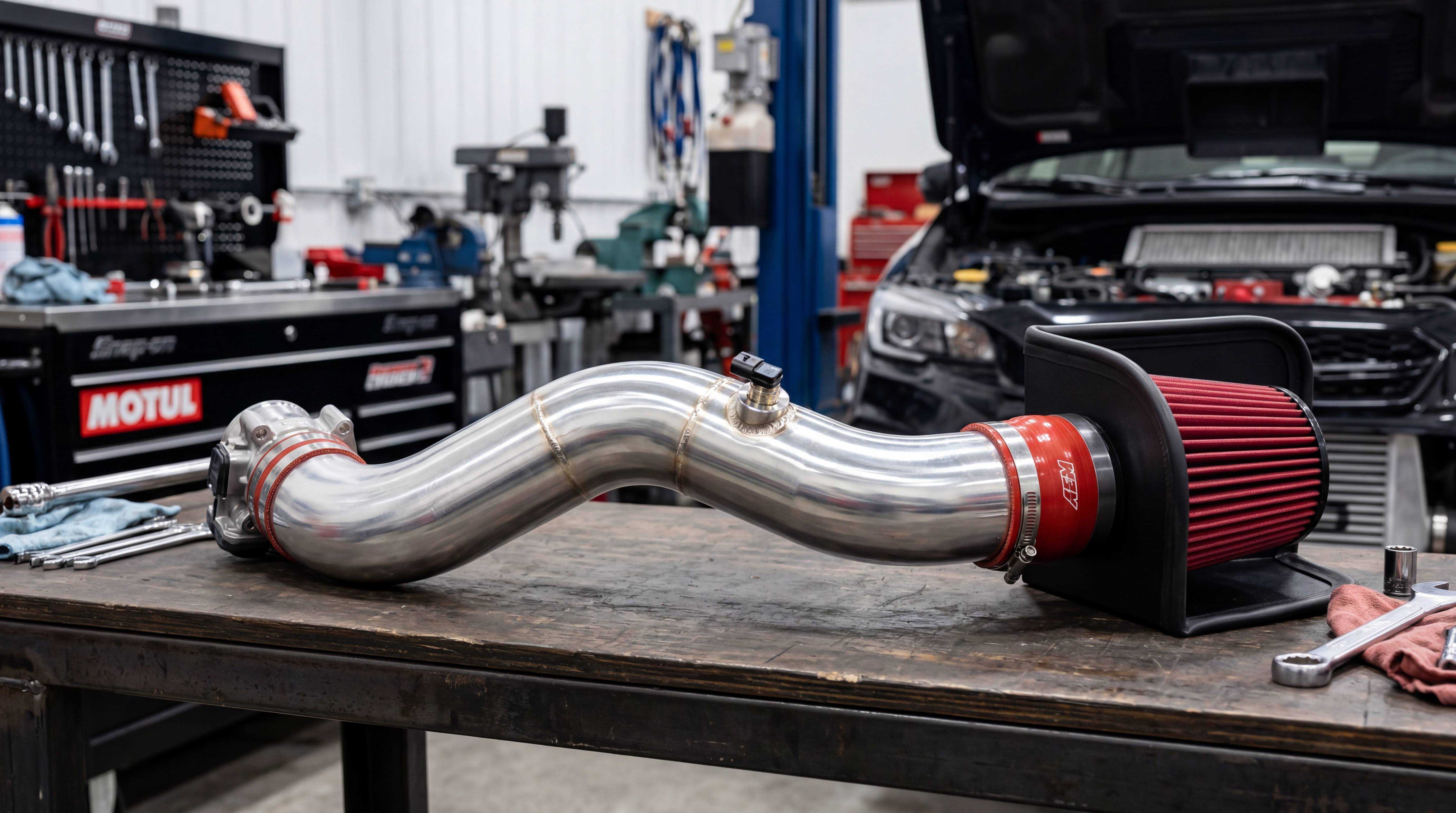 Aluminum intake pipe and performance air filter kit with silicone coupler, clamp and sensor mount on a workshop table